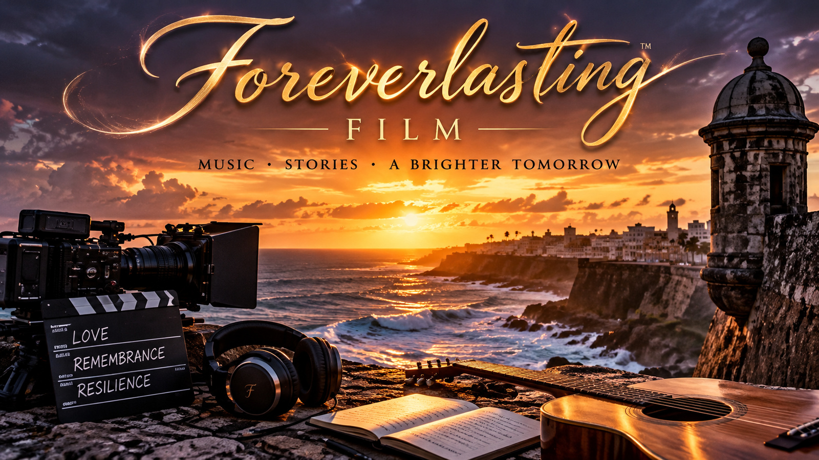 Foreverlasting film campaign artwork, a golden Puerto Rico coastline with cinema equipment and music instruments